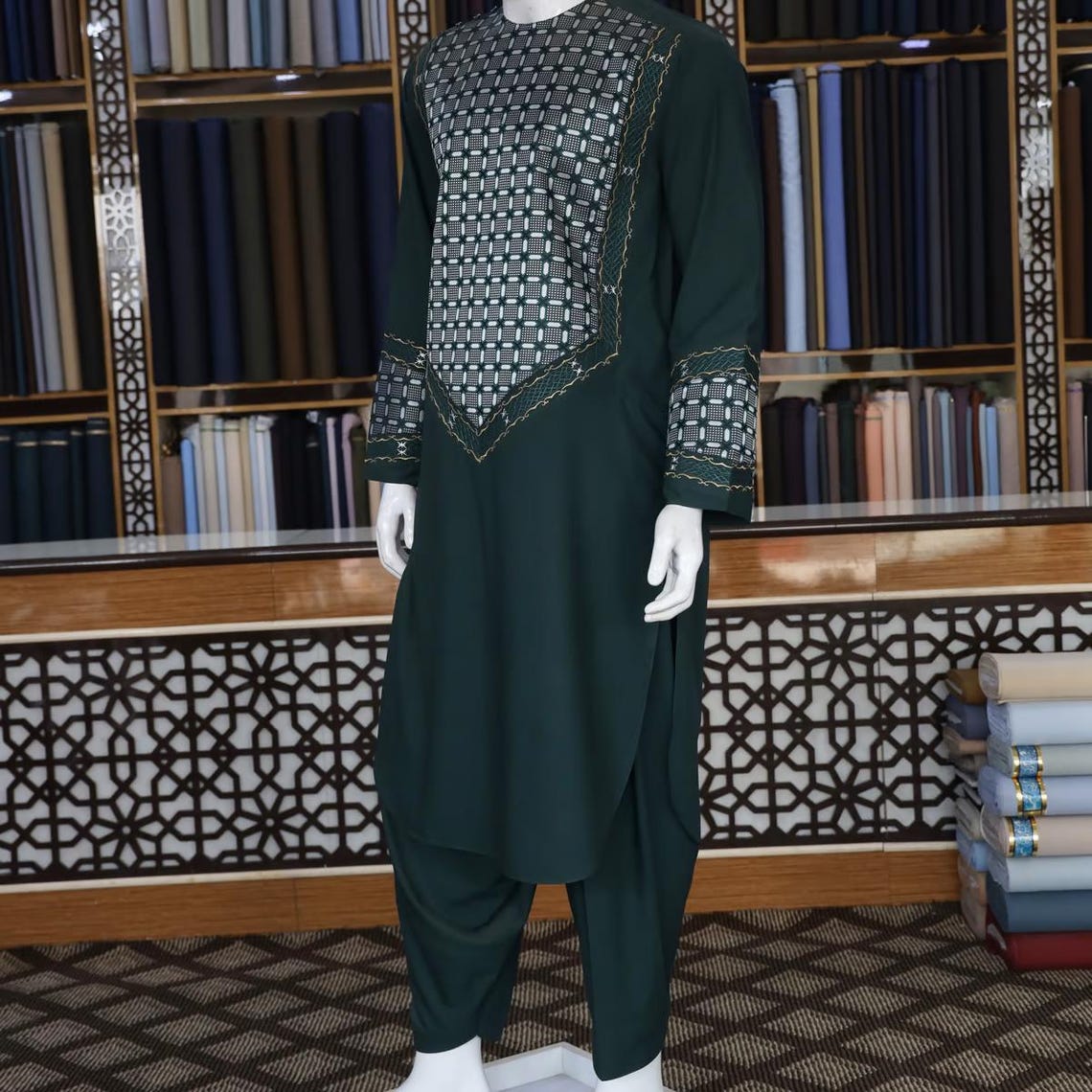 Direct Sale Men's Clothing O-Neck Full Sleeve Embroidered Afghan Dresses Kameez &amp; Shalwar Set Afghani Men Salwar Suit