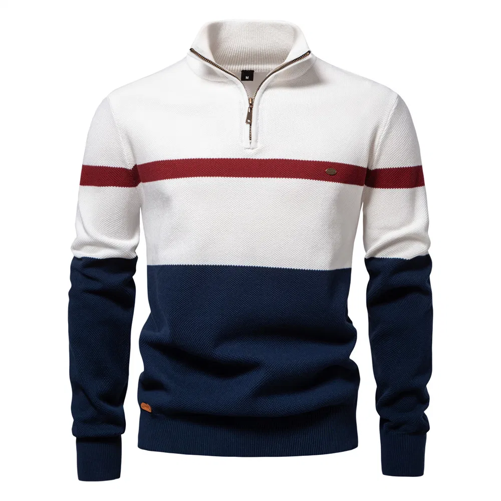 Man Autumn Winter Men's Knitwear Fashion Simple Half Zipper Color Block Knitting Men's Sweater