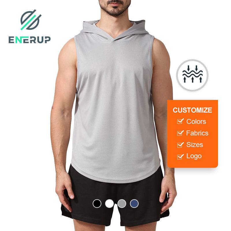 Men's Custom Polyester Tank Tops Solid Color Breathable Hooded Gym Fitness T- Shirt Casual Style