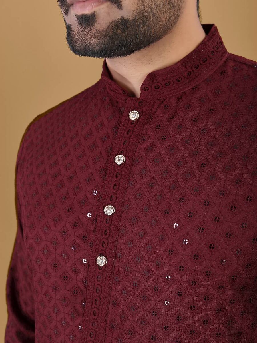 DESIGNER COTTON EMBROIDERY WITH SEQUENCE WORK MENS KURTA PAJAMA MAROON 72232