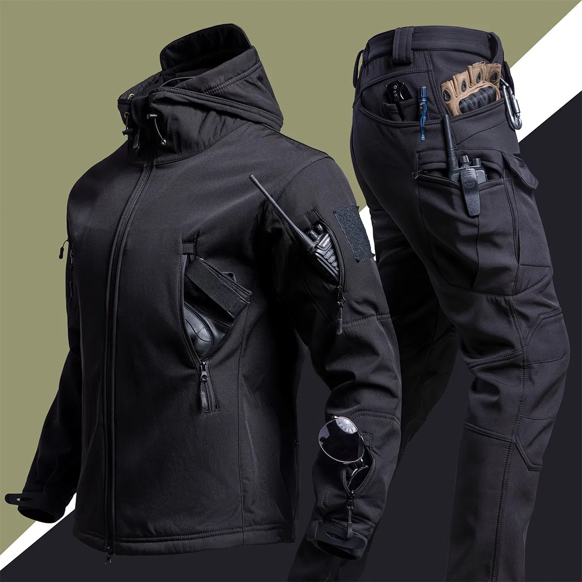 Winter Camo Softshell Jacket Suit for Men Windproof Fleece Lined Tactical Outdoor Clothing