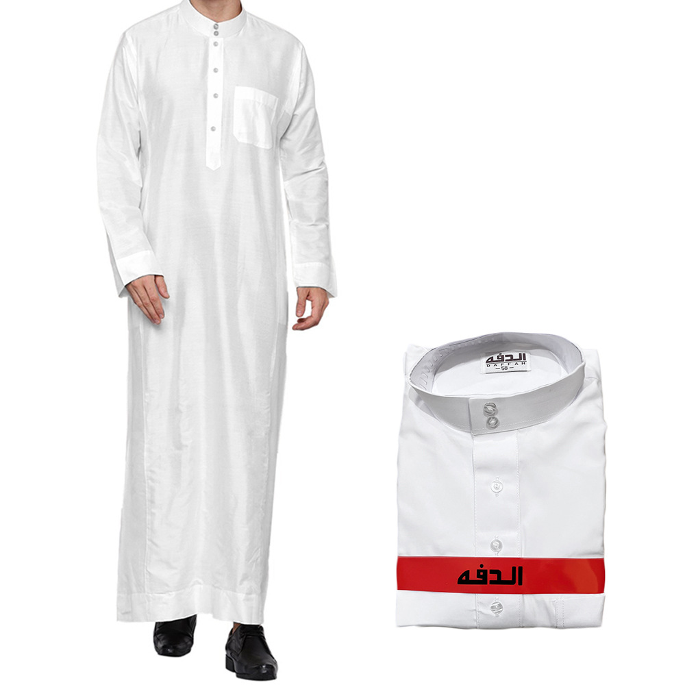 Men's Qatar Style Thobe with Stand Collar Long Robe Arabic Middle Eastern Menswear Pocket Traditional Islamic Clothing