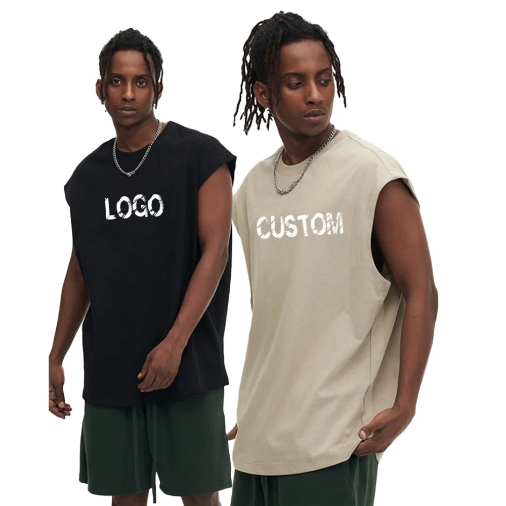Wholesale Men's Plain Print Embroidered Oversized Logo Sleeveless T Shirt Unisex Tops 100% Cotton Boxy Distressed Black White Custom Tank Top Men