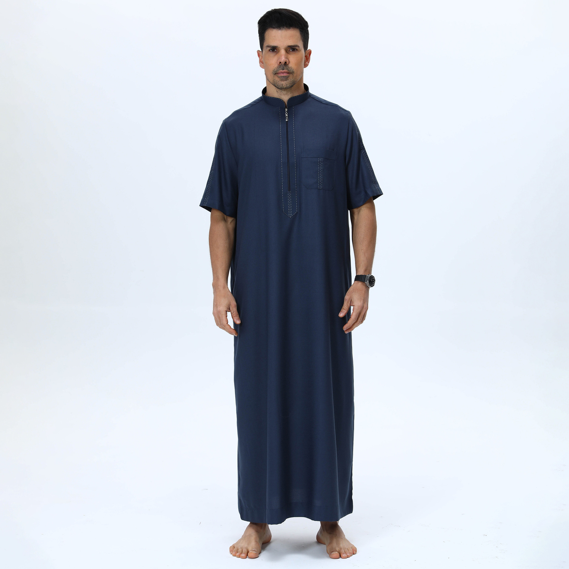 2025 Summer Men's Solid Color Robe Short Sleeve Stand Collar Zipper Closure New Stock for Arabia Polyester thobe
