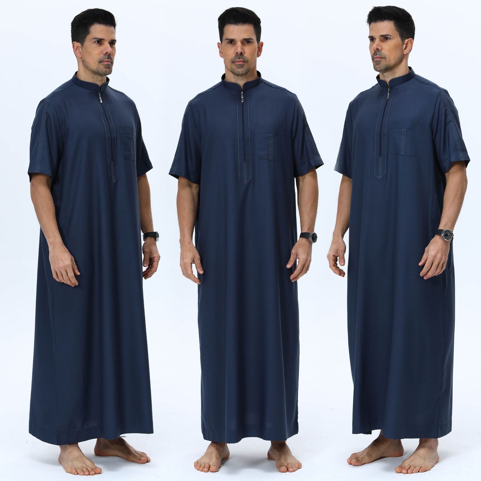 2025 Summer Men's Solid Color Robe Short Sleeve Stand Collar Zipper Closure New Stock for Arabia Polyester thobe