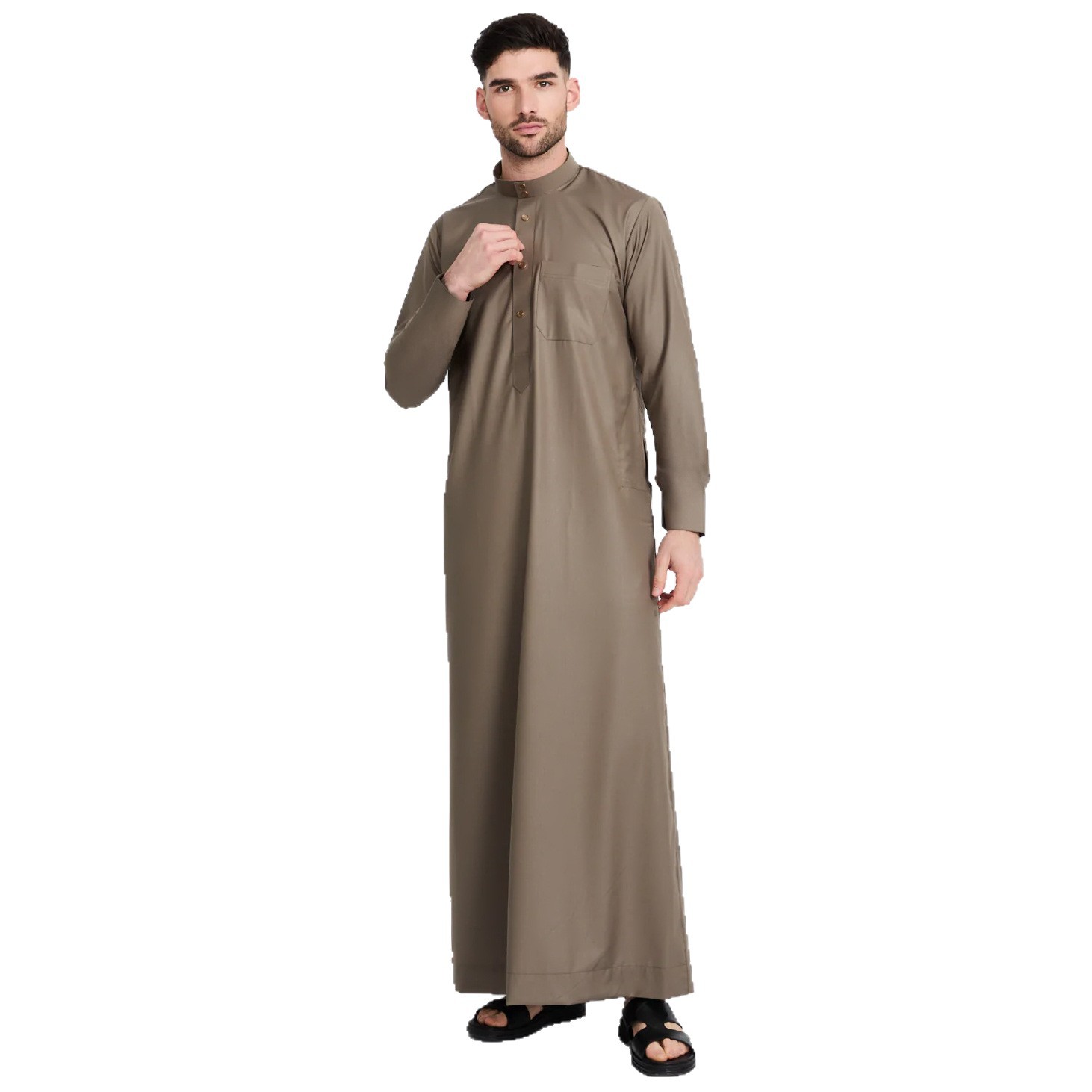 Men's Qatar Style Thobe with Stand Collar Long Robe Arabic Middle Eastern Menswear Pocket Traditional Islamic Clothing