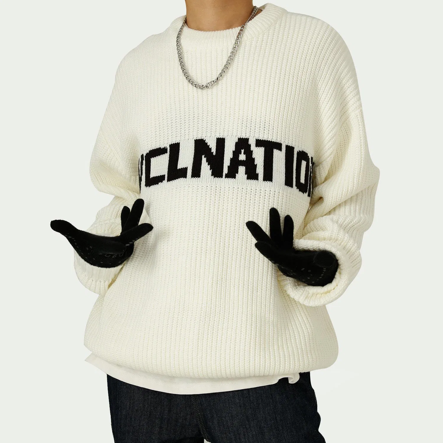 Custom Logo OEM Men's Sweater Jacquard Letter Pullover Knitwear Winter Crew Neck Loose Fit Oversized Knitted Sweater for Men