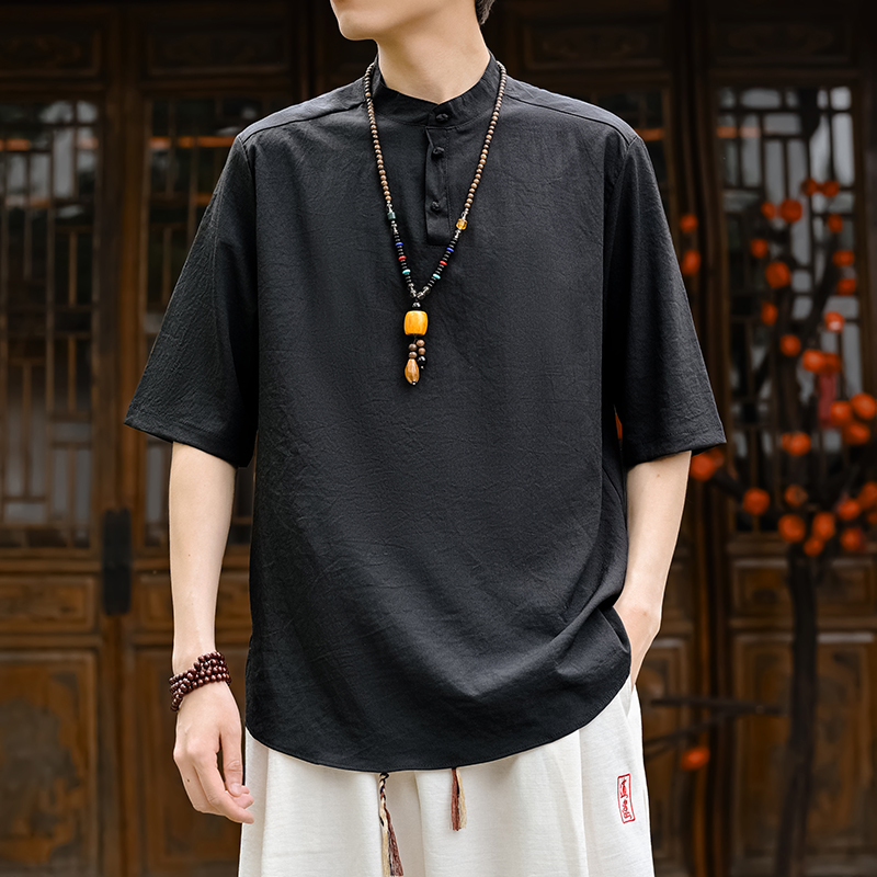 Men's Chinese Traditional Tang Suit Linen Stand Collar Short Sleeve Regular Fit Pull Casual Shirt ODM Supply 7-Day Sample Lead
