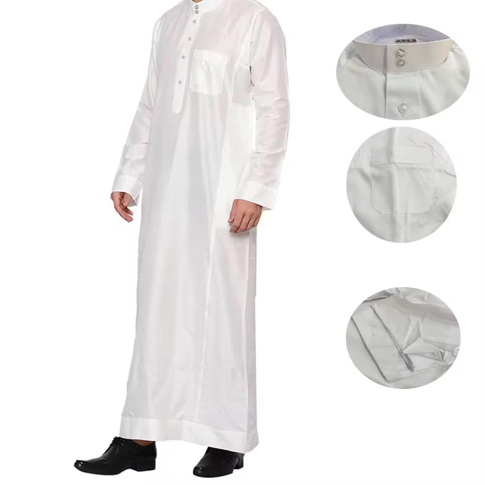 Men's Qatar Style Thobe with Stand Collar Long Robe Arabic Middle Eastern Menswear Pocket Traditional Islamic