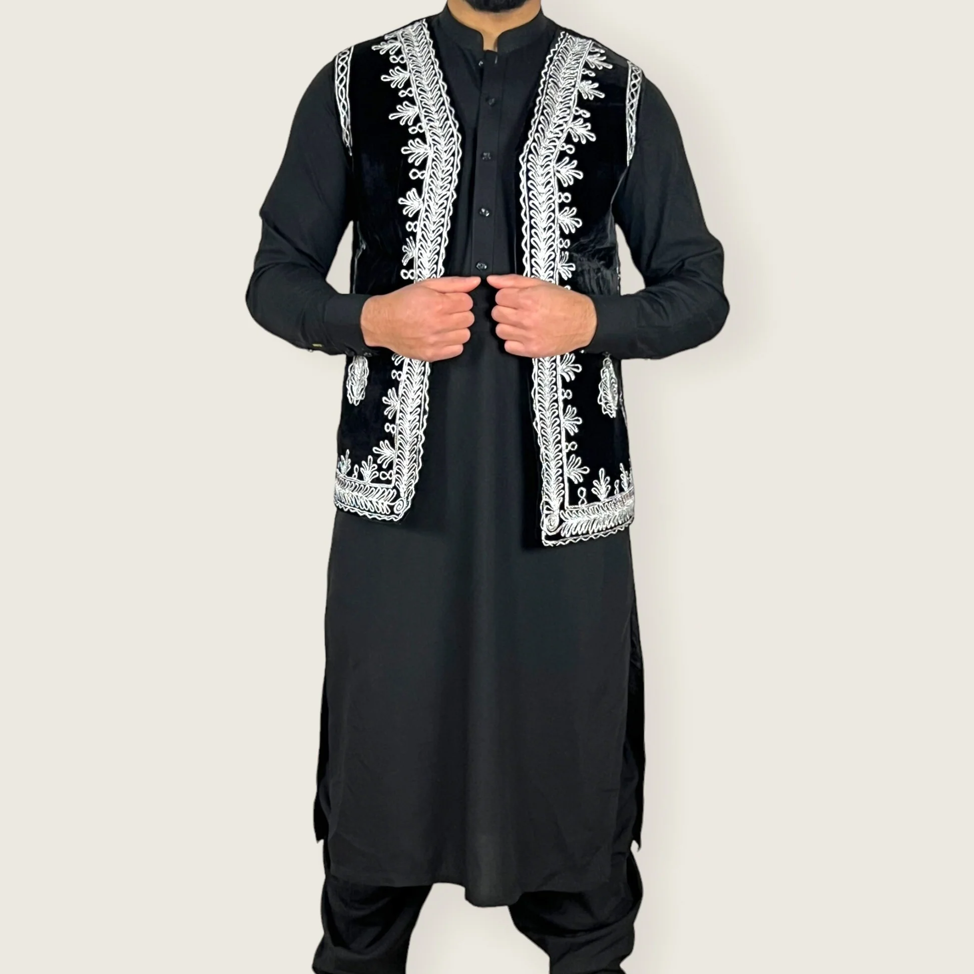Ethnic Kuchi Handmade Tribal Traditional Embroidery Casual Cotton Men's Afghani Salwar Kameez Long Sleeve Solid Color Ankle