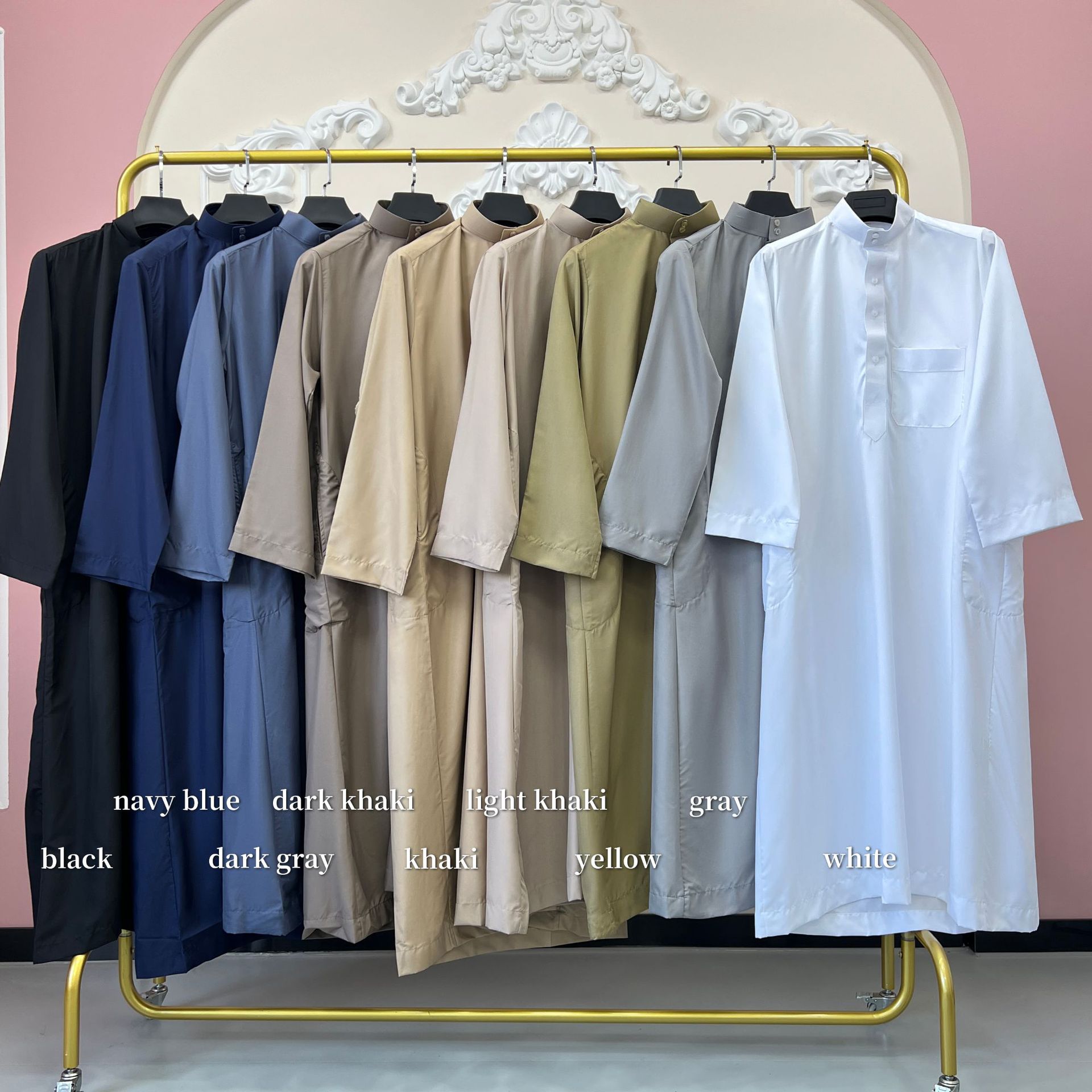 Men's Qatar Style Thobe with Stand Collar Long Robe Arabic Middle Eastern Menswear Pocket Traditional Islamic Clothing