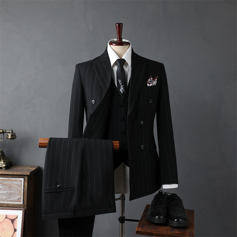 Men's Casual Business Suits Double-Breasted Striped Jackets Flat Front Style Groomsmen and Groom's Wedding Set Clothing