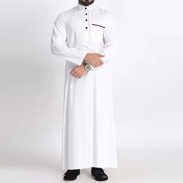 Men's Qatar Style Thobe with Stand Collar Long Robe Arabic Middle Eastern Menswear Pocket Traditional Islamic