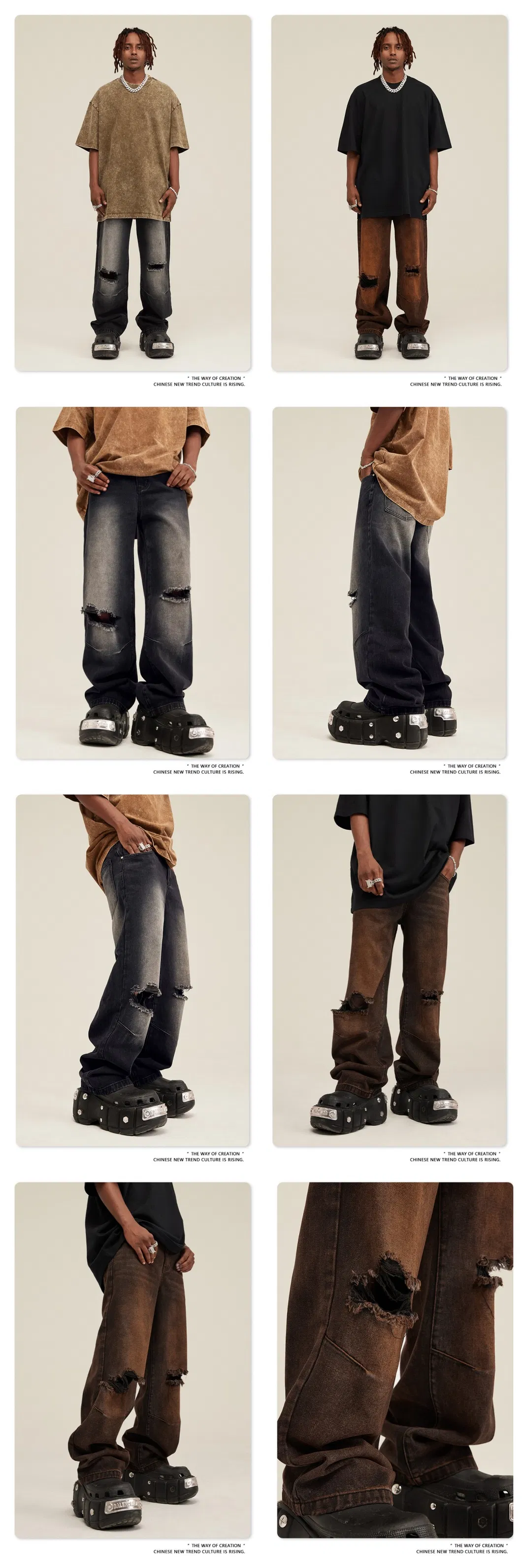 Washed Mule Gradient Ripped Jeans Vintage Loose Fashion Brand Trousers Men