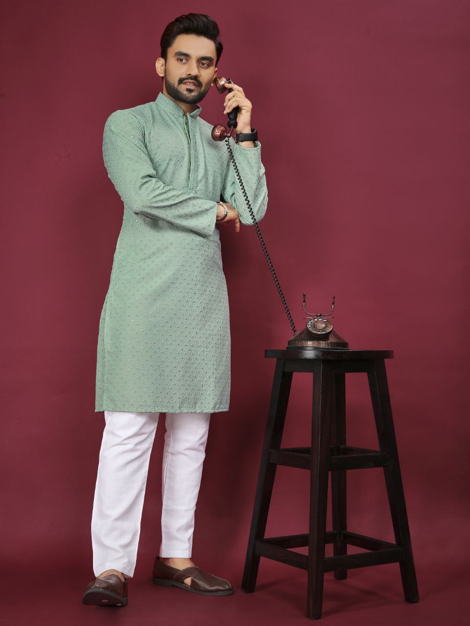 Men's Silk Kurta Collection Heavy Rayon with Lucknowi Work and Mate Sequence Traditional Wear for Parties
