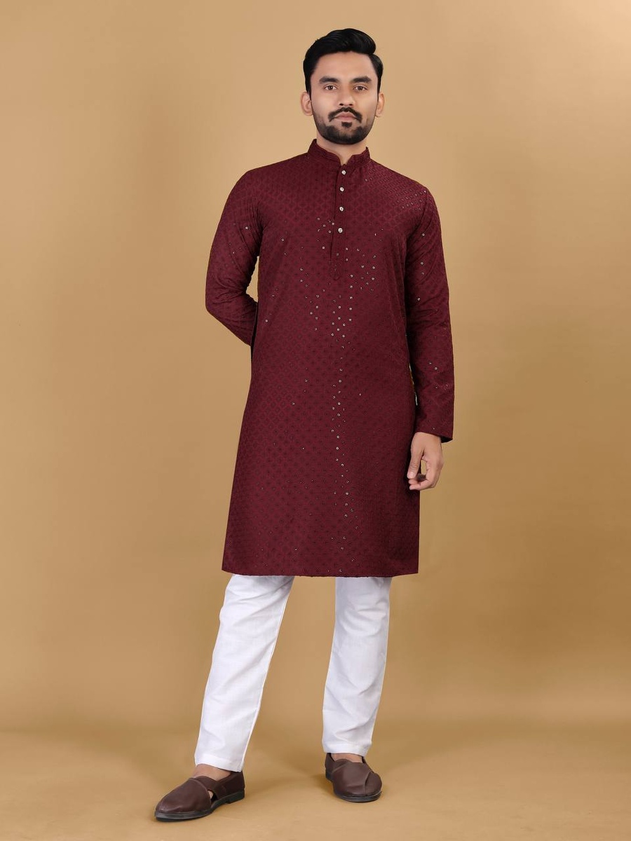 DESIGNER COTTON EMBROIDERY WITH SEQUENCE WORK MENS KURTA PAJAMA MAROON 72232