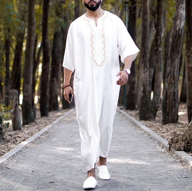 New Summer Traditional Striped Printed Moroccan Men's Long-Sleeve Full Set Middle Eastern Robe