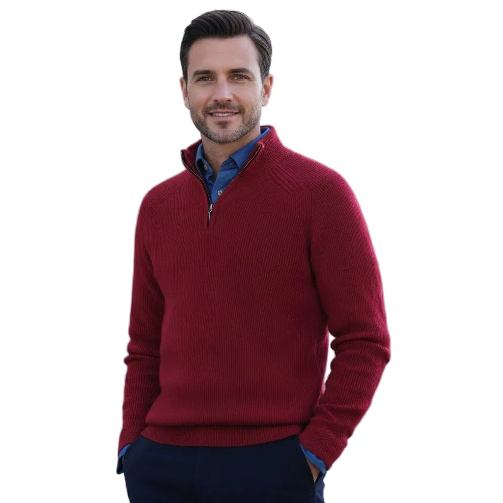 Merino-Wool &amp; Cashmere Blended Men's Quarter-Zip High-Neck Ribbed Pullover Knitwear Jumper Sweater