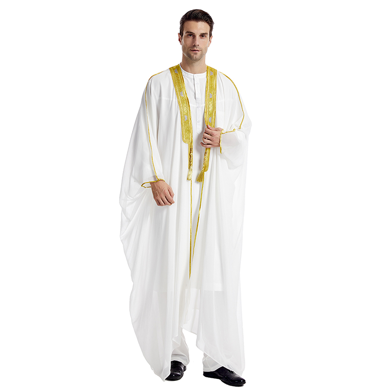 Wholesale New Dubai Embroidered Long Sleeve Chiffon Cardigan Abaya Thobe Islamic Ethnic Men's Clothing for Traditional Muslim