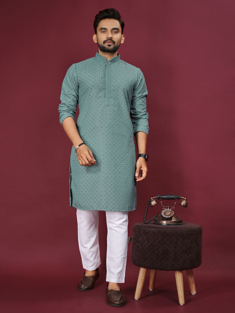 Men's Silk Kurta Collection Heavy Rayon with Lucknowi Work and Mate Sequence Traditional Wear for Parties