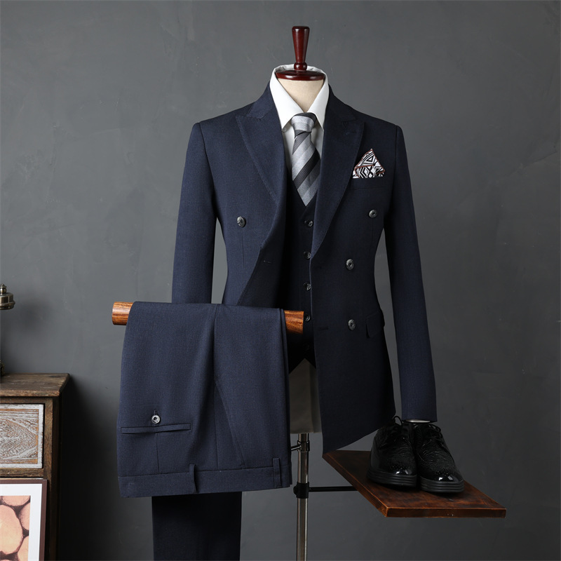 Italian British Slim Fit Men's Double Breasted 3-Piece Suit Set Custom Tailored Business Wedding Formal Wear for Groomsmen
