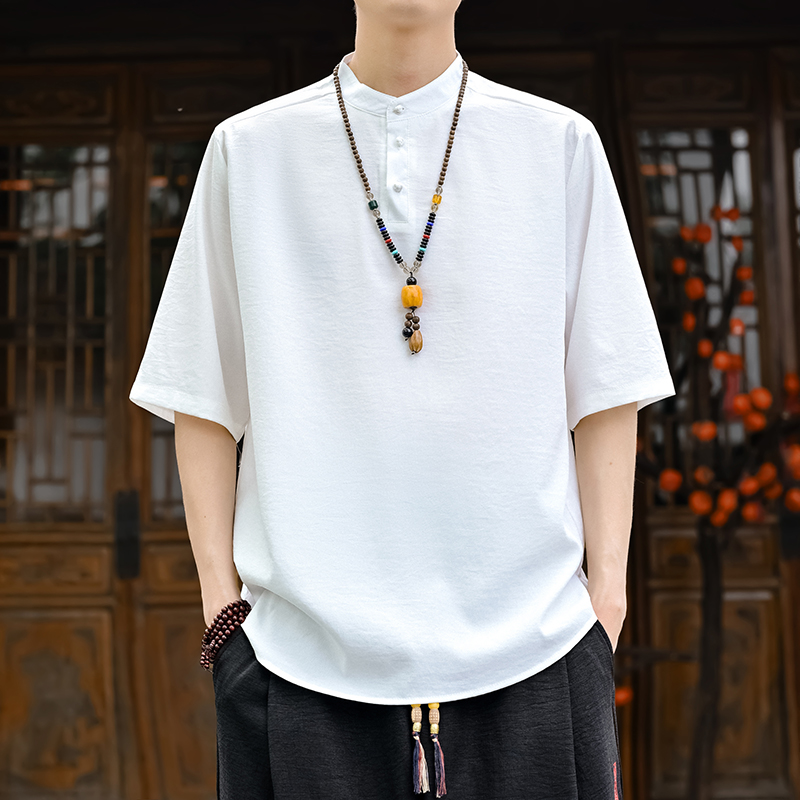 Men's Chinese Traditional Tang Suit Linen Stand Collar Short Sleeve Regular Fit Pull Casual Shirt ODM Supply 7-Day Sample Lead