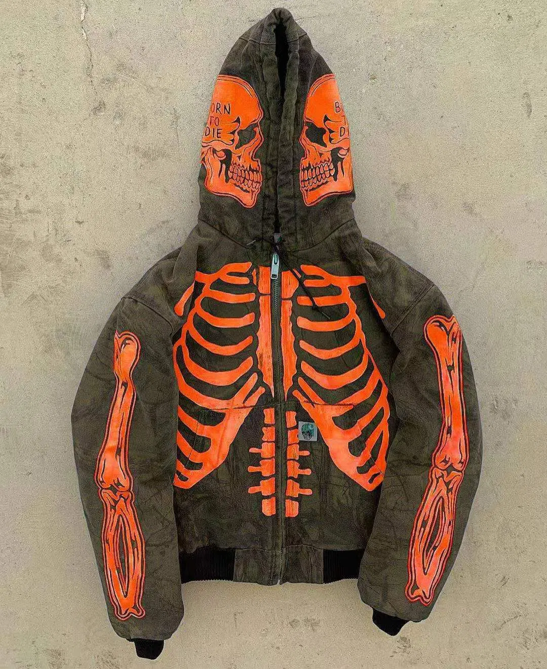 New Fashion Streetwear Custom Logo Skull Halloween Hoodie Oversized Skeleton Thick Rhinestone Full Zip up Hoodies Men