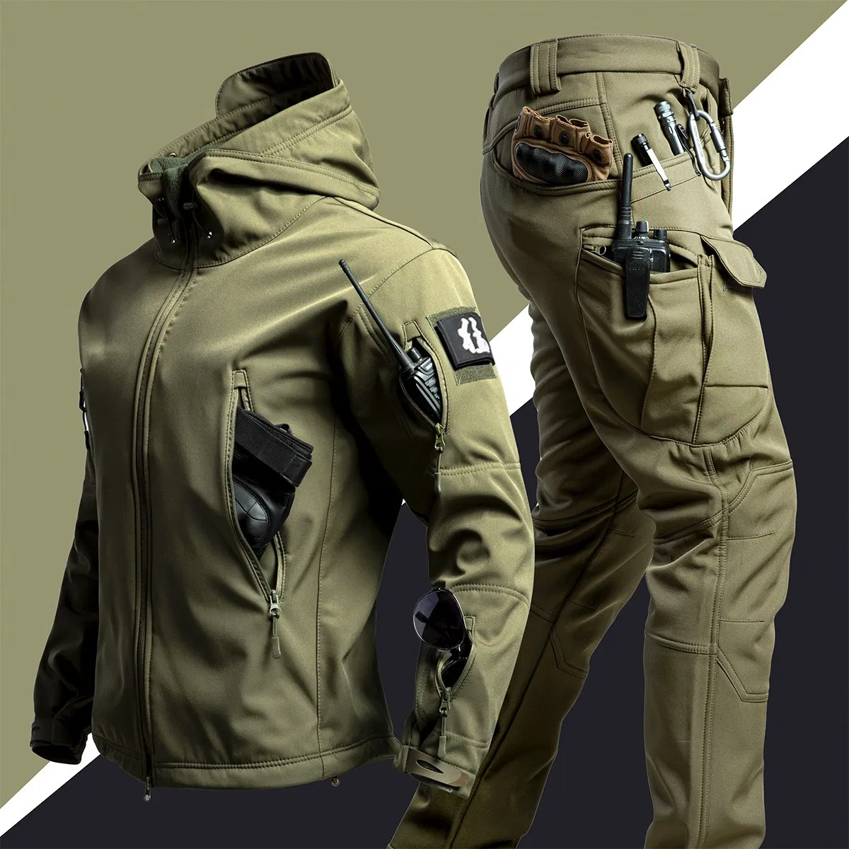 Winter Camo Softshell Jacket Suit for Men Windproof Fleece Lined Tactical Outdoor Clothing