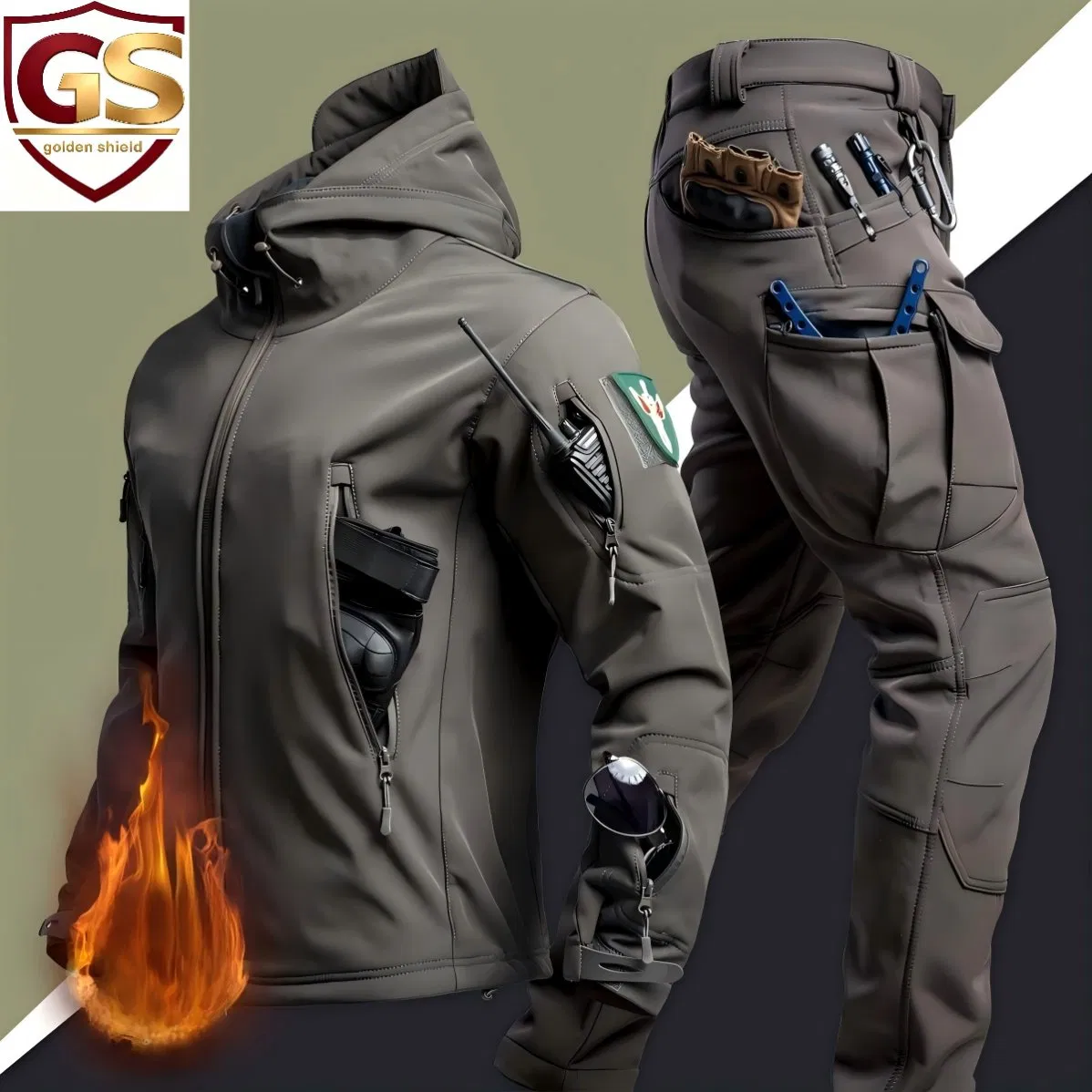 Winter Camo Softshell Jacket Suit for Men Windproof Fleece Lined Tactical Outdoor Clothing