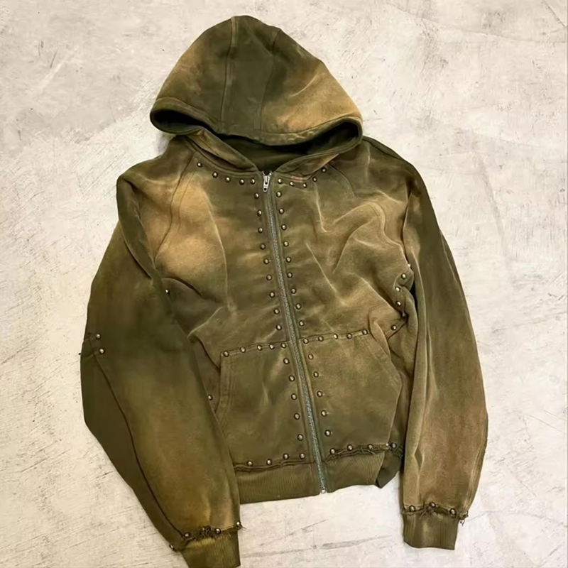 New Fashion Custom Manufacturer French Terry 100% Cotton Streetwear Acid Washed Vintage Sun Faded Sweatshirt Jacket Zipper Rhinestone Hoodies Men