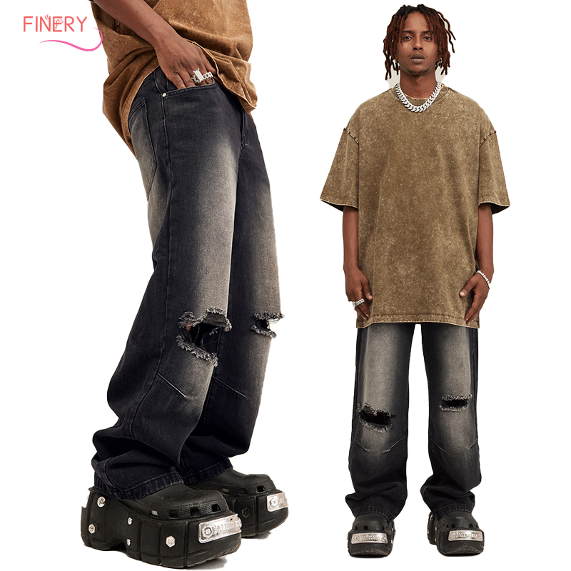 Washed Mule Gradient Ripped Jeans Vintage Loose Fashion Brand Trousers Men
