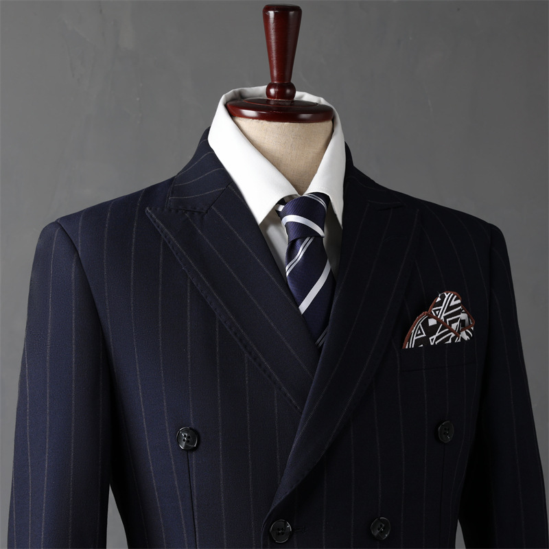 Men's Casual Business Suits Double-Breasted Striped Jackets Flat Front Style Groomsmen and Groom's Wedding Set Clothing