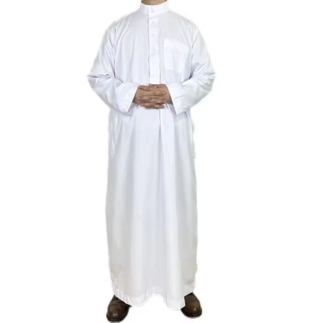Tailored Men's Arabic Thobe V Neck Casual Floor Length Loose Fit Breathable Polyester Long Sleeve Muslim Beach Embroidery All