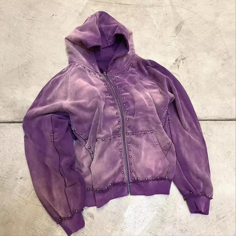 New Fashion Custom Manufacturer French Terry 100% Cotton Streetwear Acid Washed Vintage Sun Faded Sweatshirt Jacket Zipper Rhinestone Hoodies Men