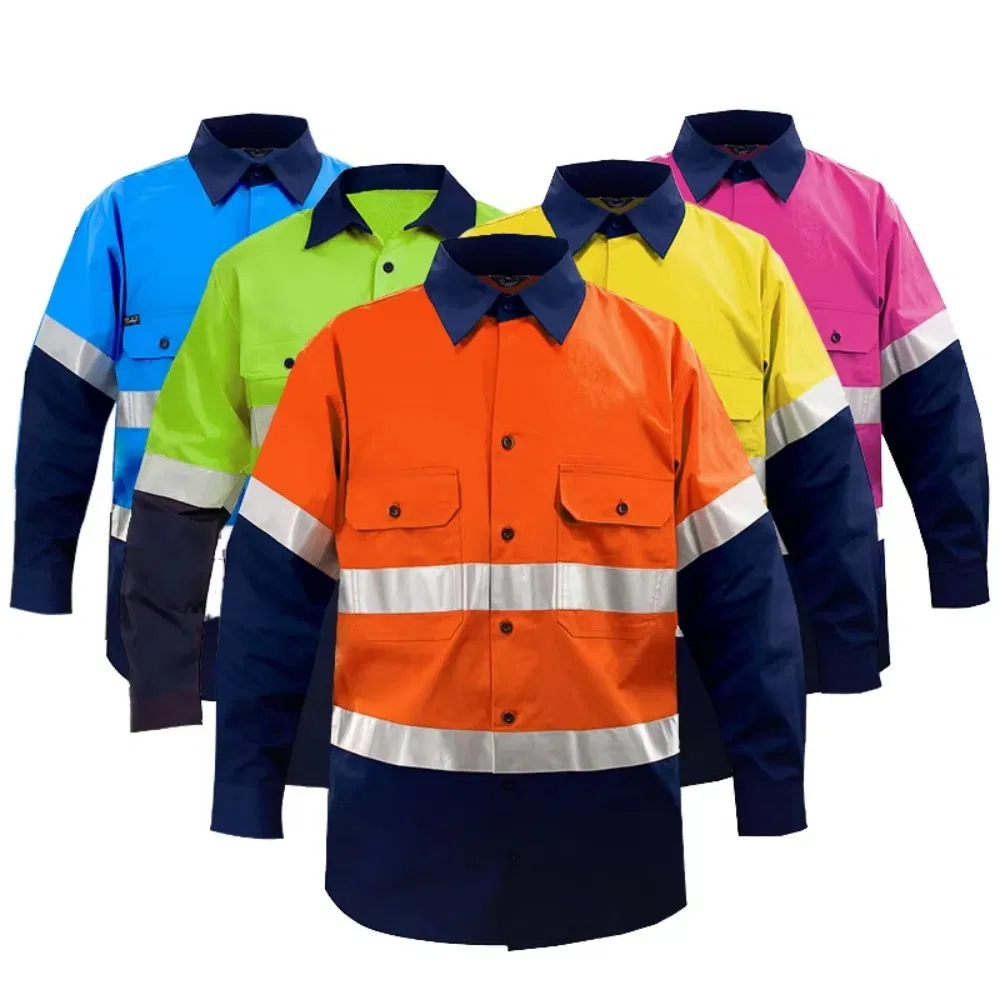 Custom Men's Long Sleeve Hi Vis Security Guard Workwear Uniform Jacket Reflective Stripes Button-up Mechanic Work Shirt Summer
