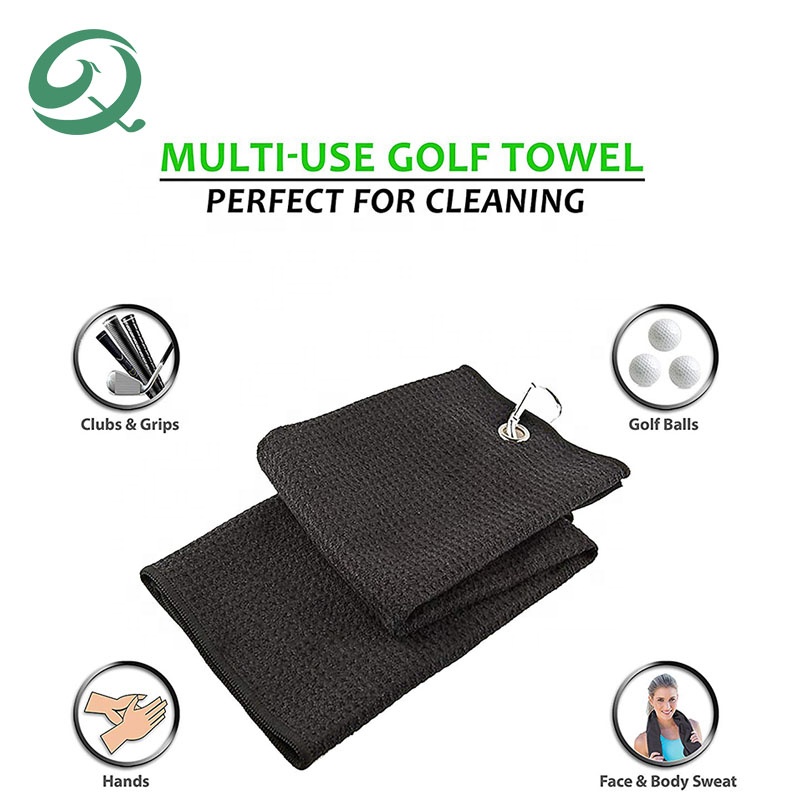Premium Quality Embroider Golf Cleaning Towel Portable Microfiber Fabric Waffle Pattern Golf Towel 16" X 24" Trifold Golf Towel