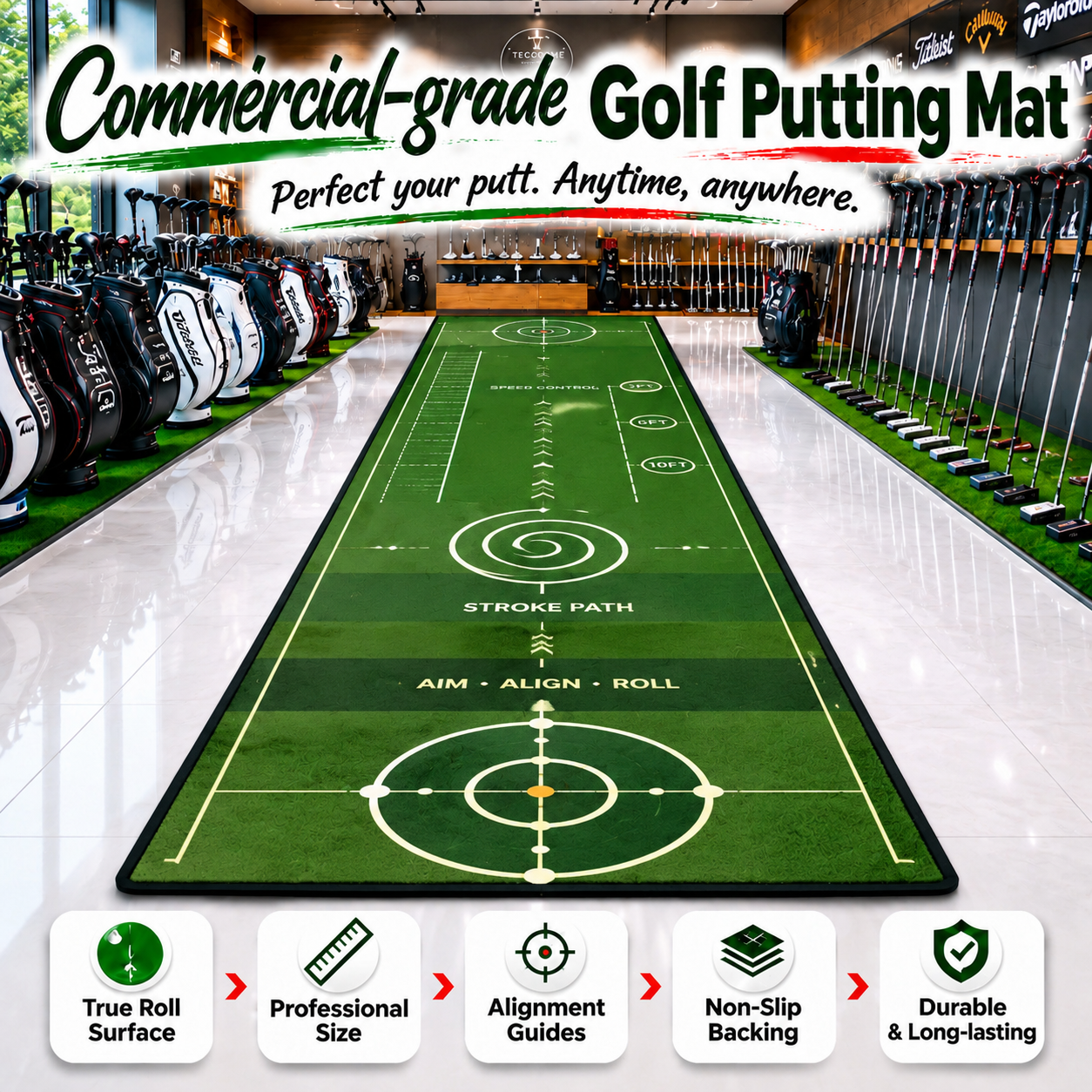 Custom Logo Golf Putting Mat, Wear Resistant Indoor Putting Carpet for Personal Training and Commercial Golf Facility Use