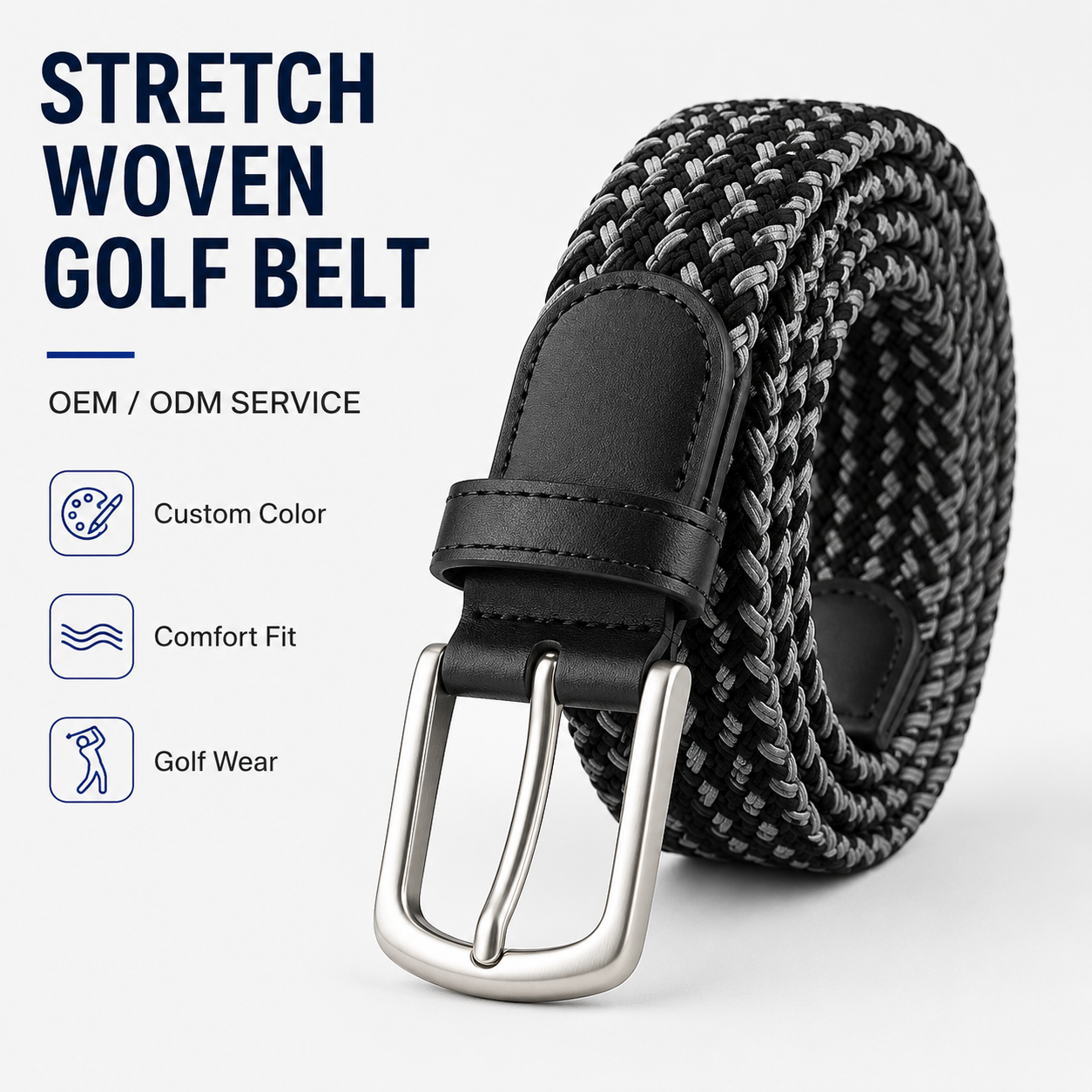 Stretch Woven Golf Belt Black Gray Elastic Braided Belt Comfort Fit Custom Color for Men Golf Wear