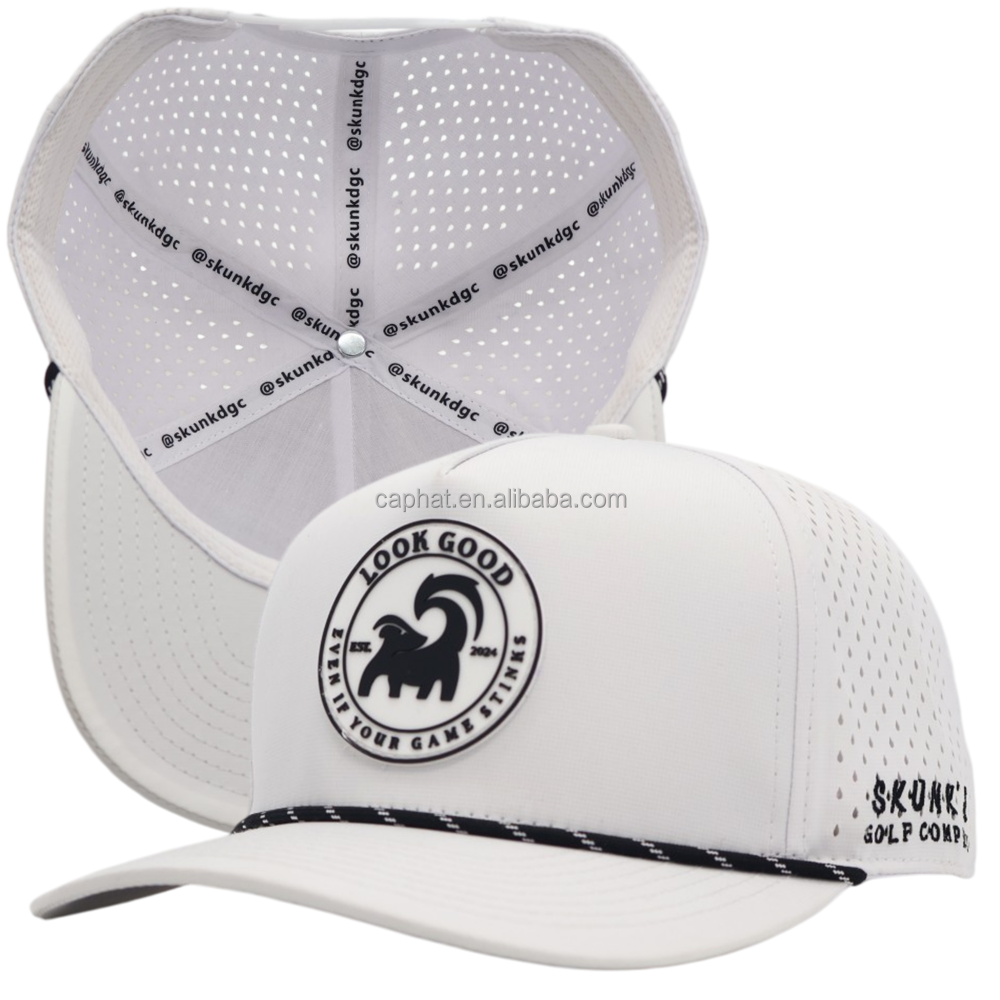 Custom 5 Panel Rubber PVC Logo Waterproof Baseball Cap Laser Cut Hole Perforated Caps Performance Sports Rope Golf Hats