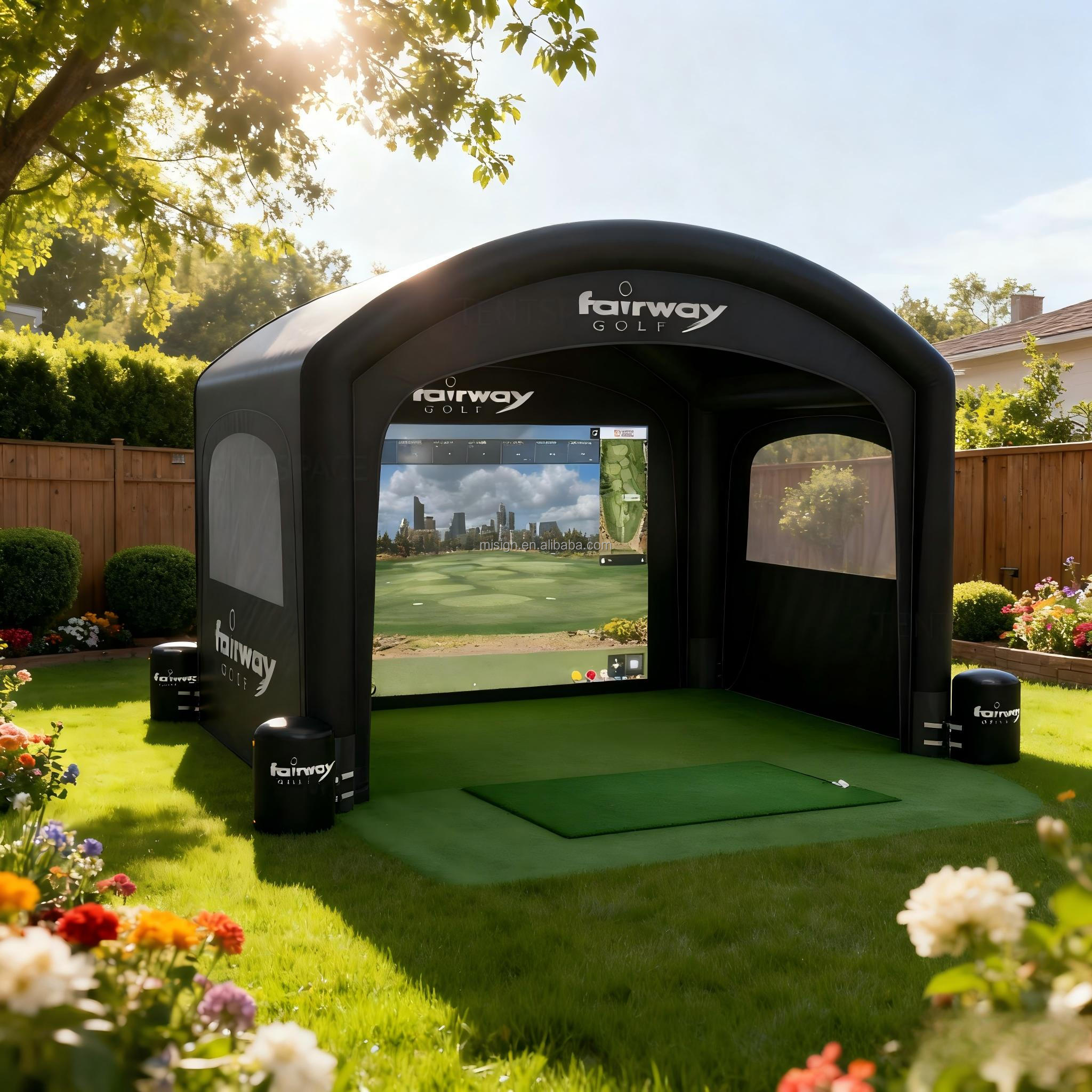 Factory Portable Golf Training Cage Inflatable Golf Simulator Projector Shooting Tent With Screen for Sale Golf Simulator Bay