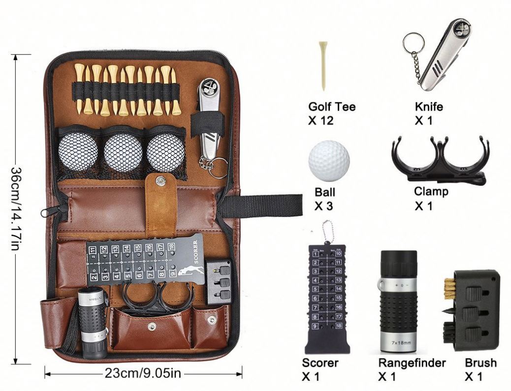 High Quality Brown Leather Golf Accessories Bag Large Capacity Multi-Functional Storage Set for Convenient Carry Multi-Purpose
