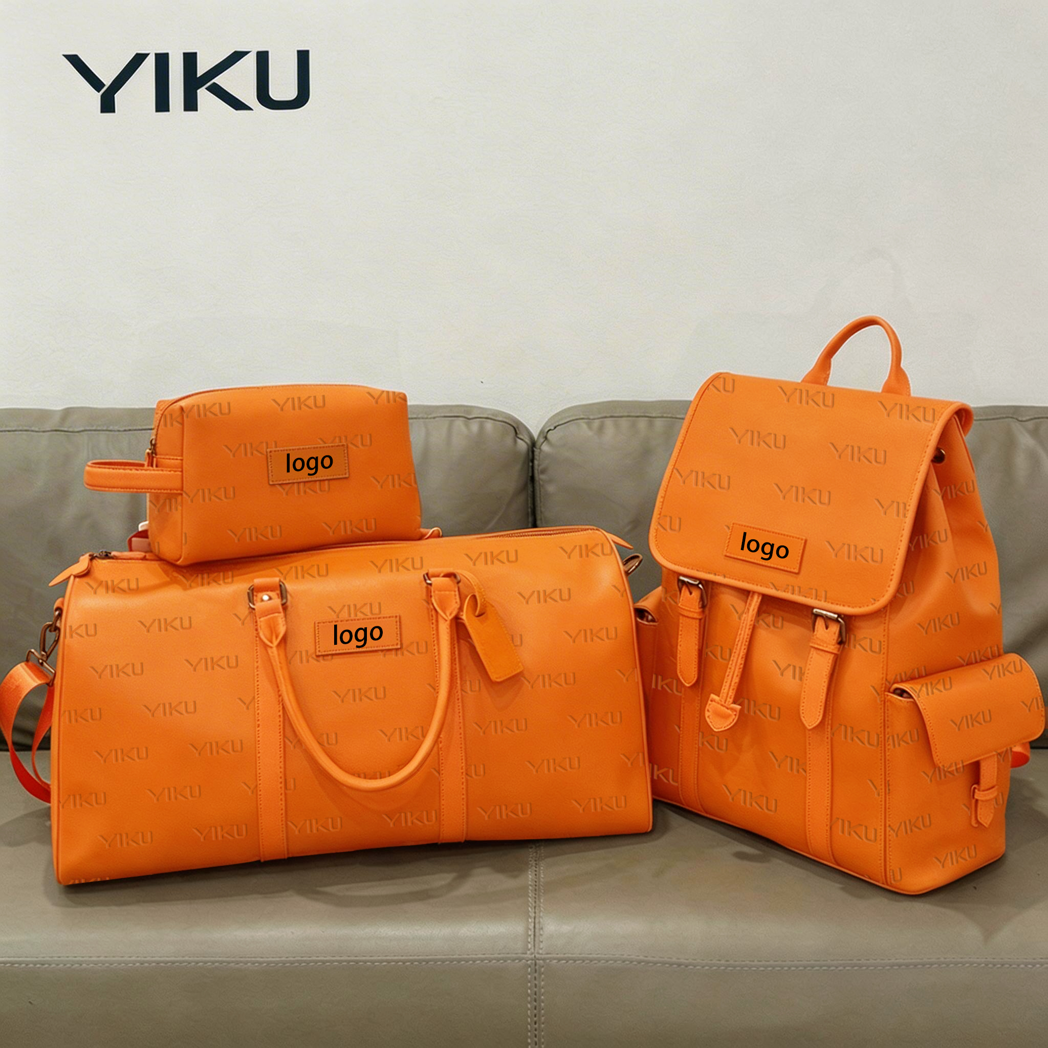 YIKU Custom Luxury Duffel Bag FULL LOGO Weekend Travel Overnight Bag Designer PU Leather Duffle Bag Men With Printing Logo