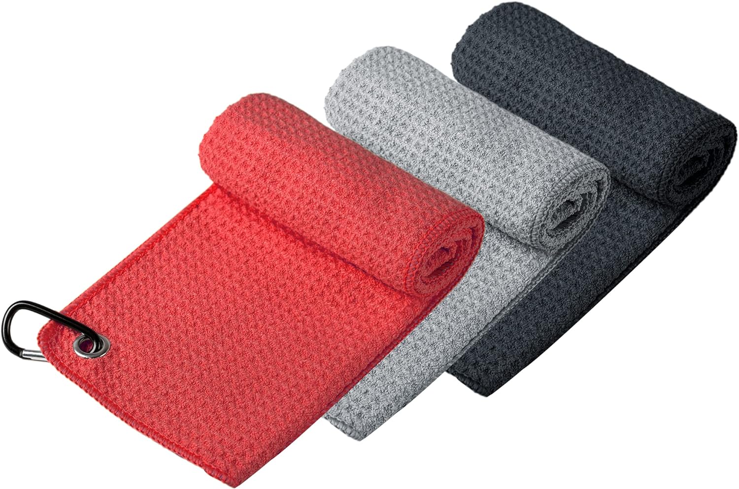 Convenient 16\" X 16\" Waffle Pattern Microfiber Golf Cleaning Towel With Carabiner Clip In Black/Grey/Red Sports Theme