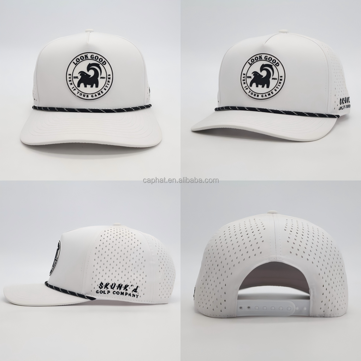 Custom 5 Panel Rubber PVC Logo Waterproof Baseball Cap Laser Cut Hole Perforated Caps Performance Sports Rope Golf Hats