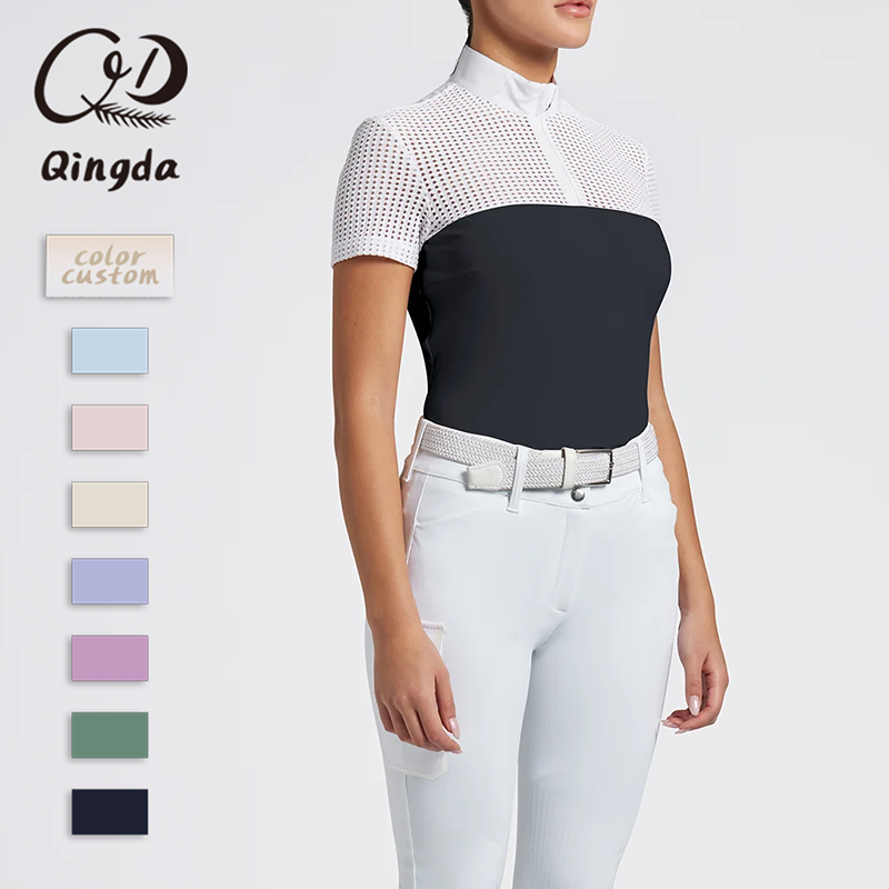 Short Sleeve Standing Collar Half Zip Honeycomb Mesh Yoke &amp; Sleeves Contrast Panel Slim Fit Equestrian Breathable Stretchy