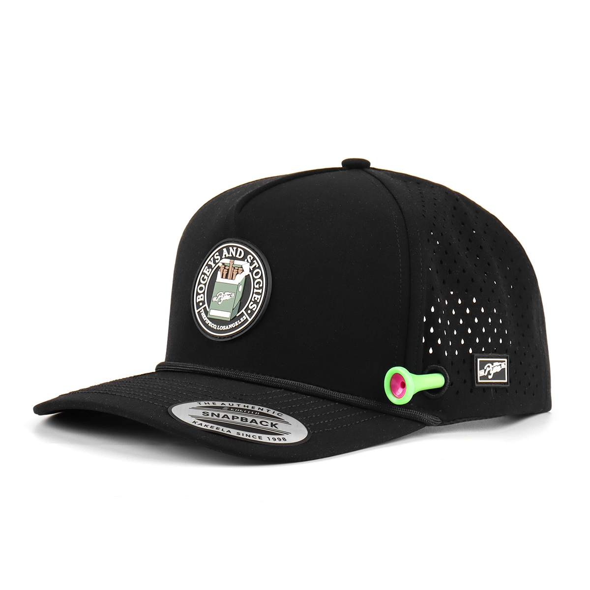 5 Panel Black Waterproof Hat Rubber Patch Logo Baseball Caps Laser Cut Golf Hat With Tee Holder Magnet Ball Maker Golf Rope Hat