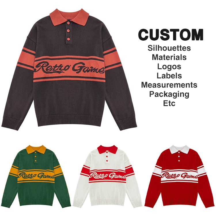 Custom Logo Golf Wear Pullover Jacquard Sweater Unisex Oversize School Plus Size Polo Neck Knit Sweaters Jumpers For Men