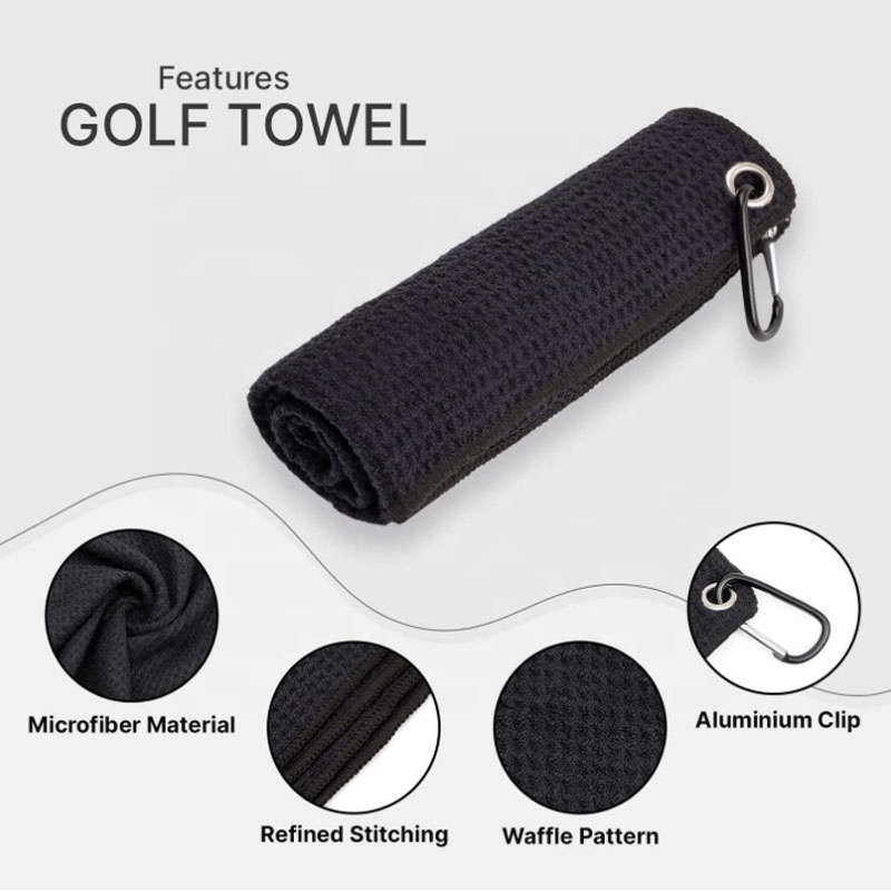 Premium Quality Embroider Golf Cleaning Towel Portable Microfiber Fabric Waffle Pattern Golf Towel 16" X 24" Trifold Golf Towel