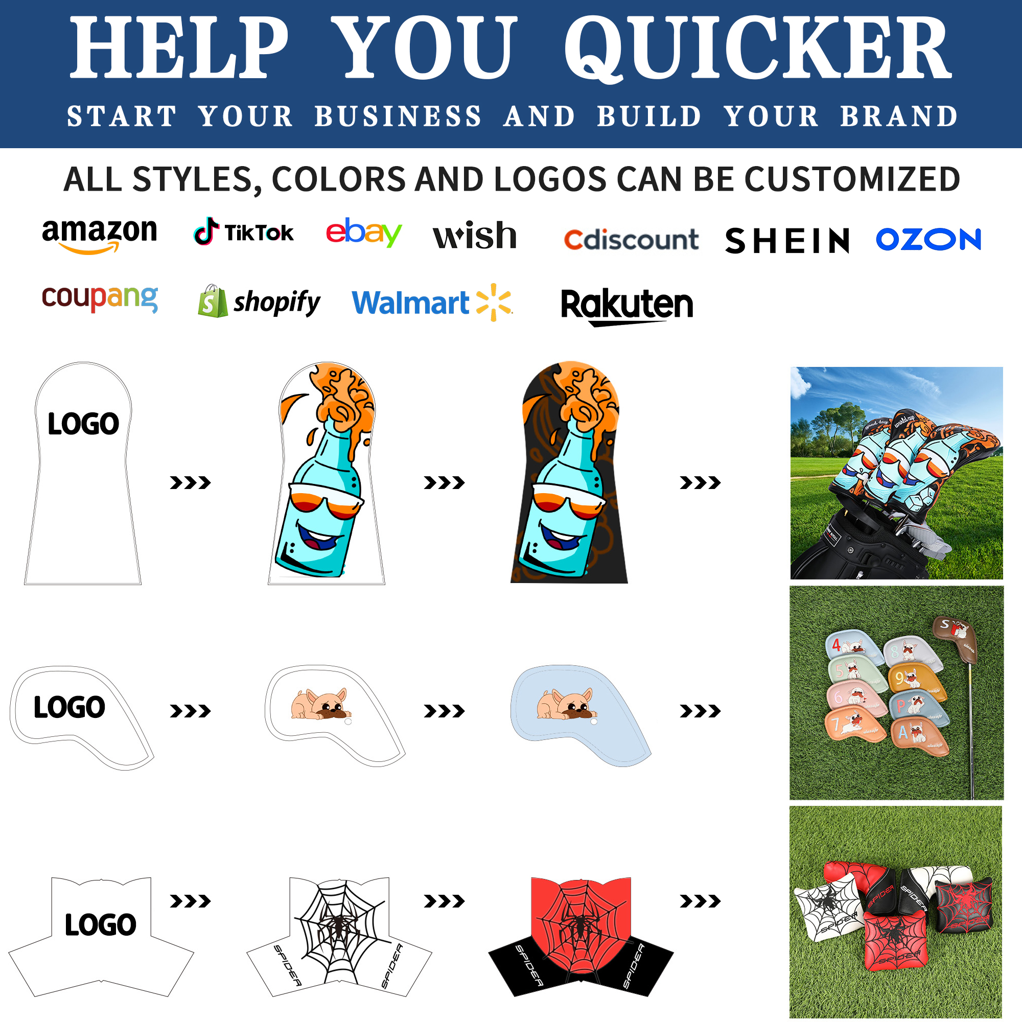 Wholesale Manufacturer Custom logo OEM Embroideries Iron Clubs Headcover Waterproof 10 Pcc/Set Green PU Leather Golf Head Covers