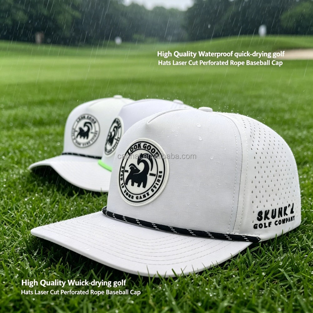 Custom 5 Panel Rubber PVC Logo Waterproof Baseball Cap Laser Cut Hole Perforated Caps Performance Sports Rope Golf Hats